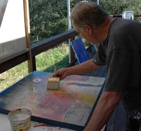 Varnishing a Larger Painting in one direction.