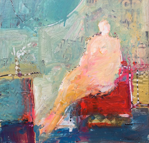 Nude on Red Sofa Watching TV